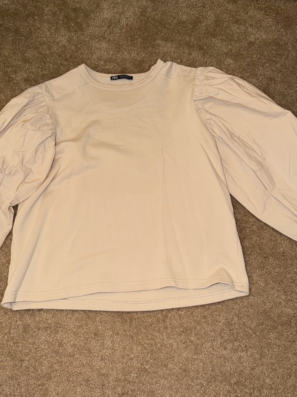 Zara Cream Puff-Sleeve Sweatshirt in Light Beige
